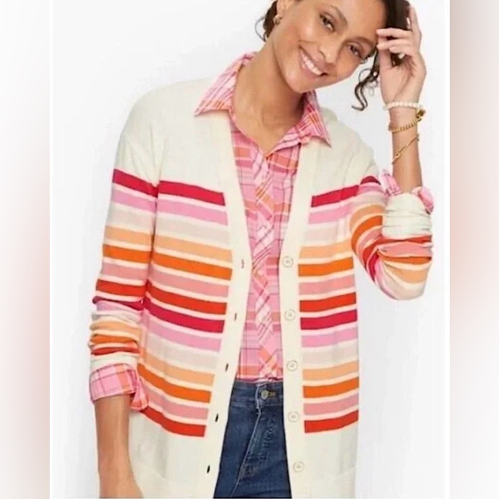 Talbots Striped Cardigan Sweater Womens Large Pink Orange Cotton Blend‎